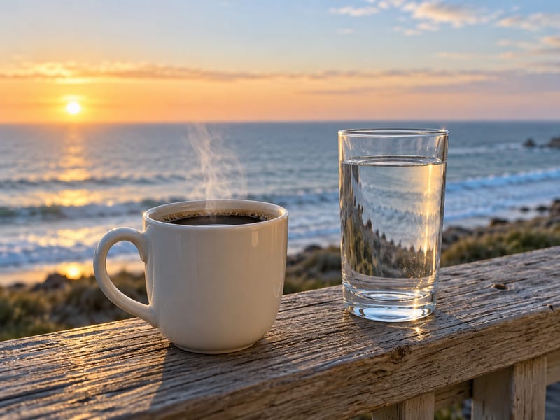 A mug of black coffee on a weathered porch railing at dawn, with the ocean and a pale sunrise in the background