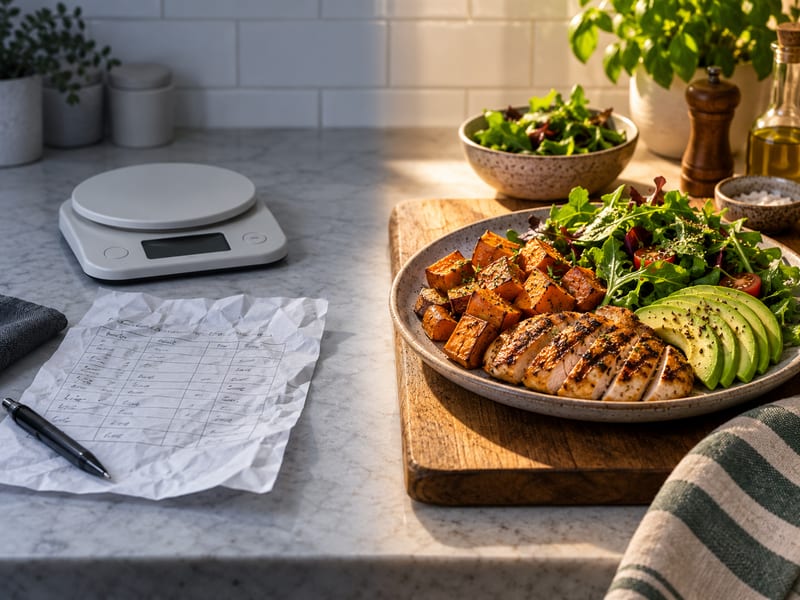 A crumpled printed diet plan on one side of a kitchen table and a relaxed whole-food family meal on the other