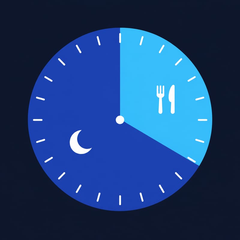 Line illustration of a clock face marking a 16:8 intermittent fasting eating window in sky blue on navy