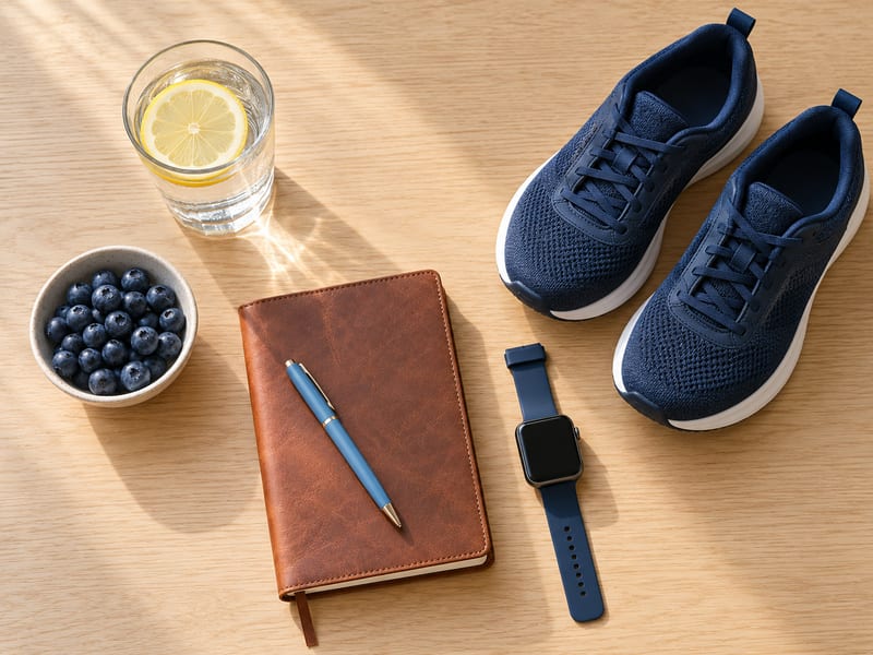 Morning routine flat lay with a glass of water, walking shoes and an open journal on a wooden floor