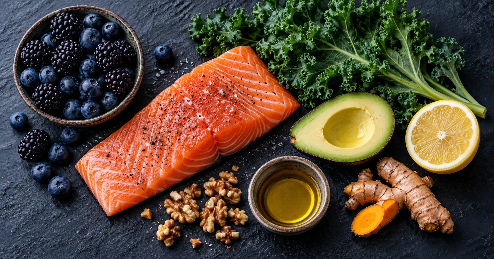 A wooden table with salmon, leafy greens, blueberries, walnuts, olive oil and fresh turmeric root.
