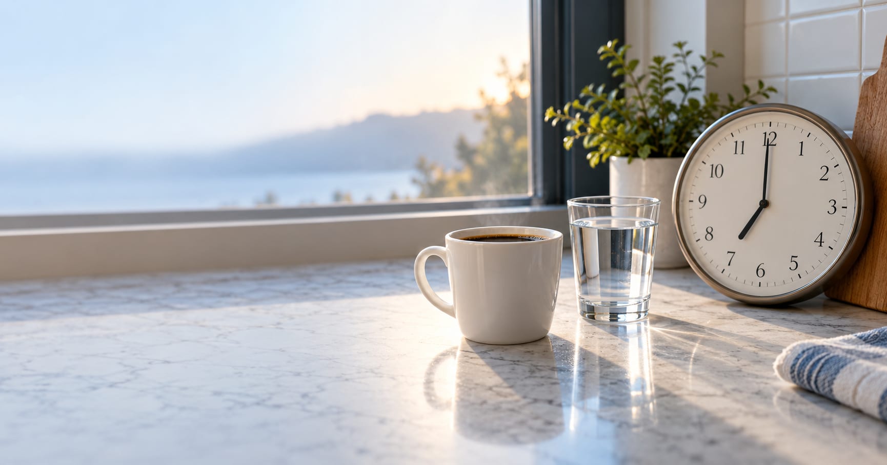 Black coffee and a glass of water beside an analog clock on a kitchen counter at dawn.