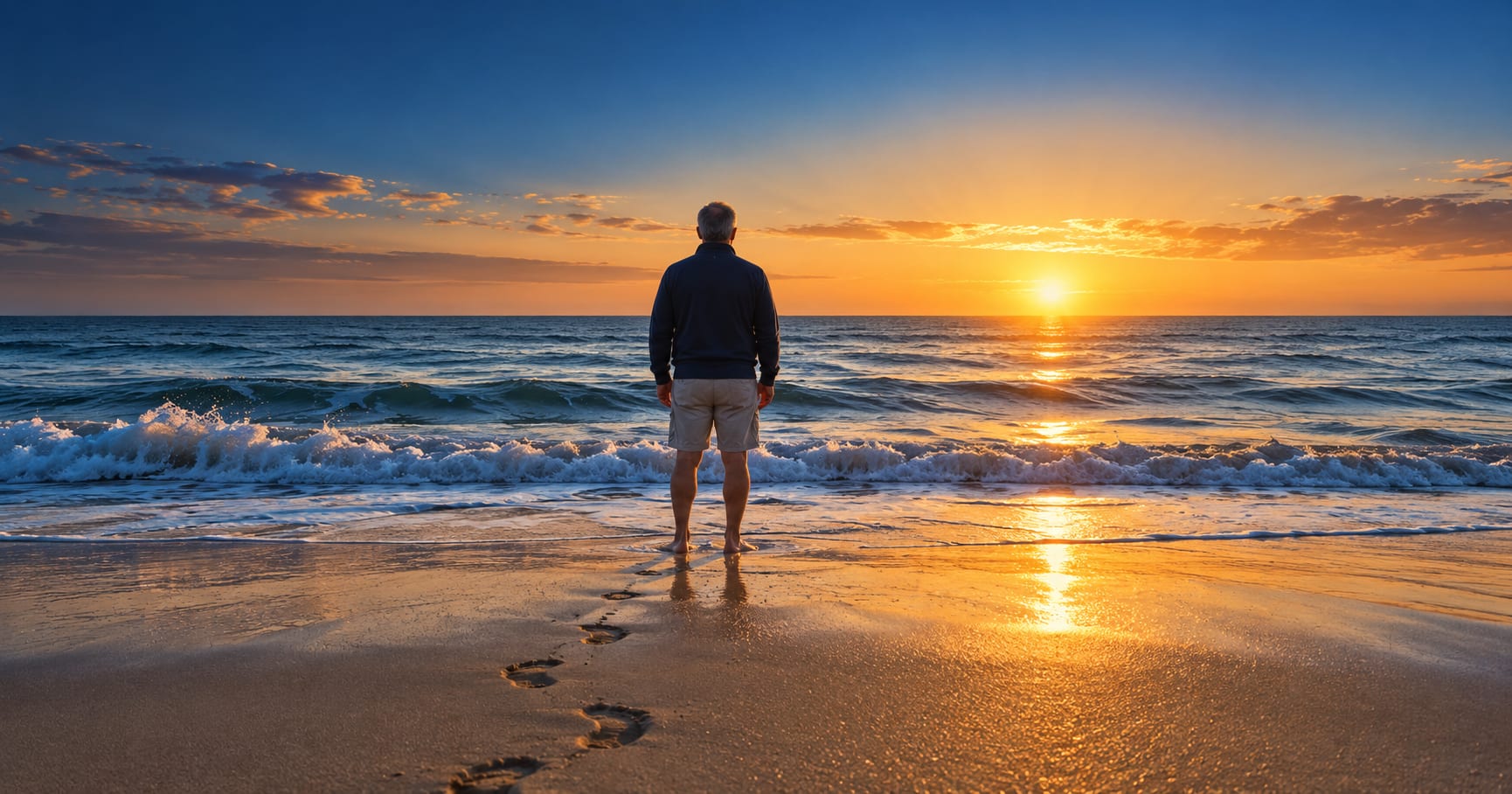 Sunrise over the Atlantic Ocean seen from a quiet Jersey Shore beach, with gentle waves on the sand.