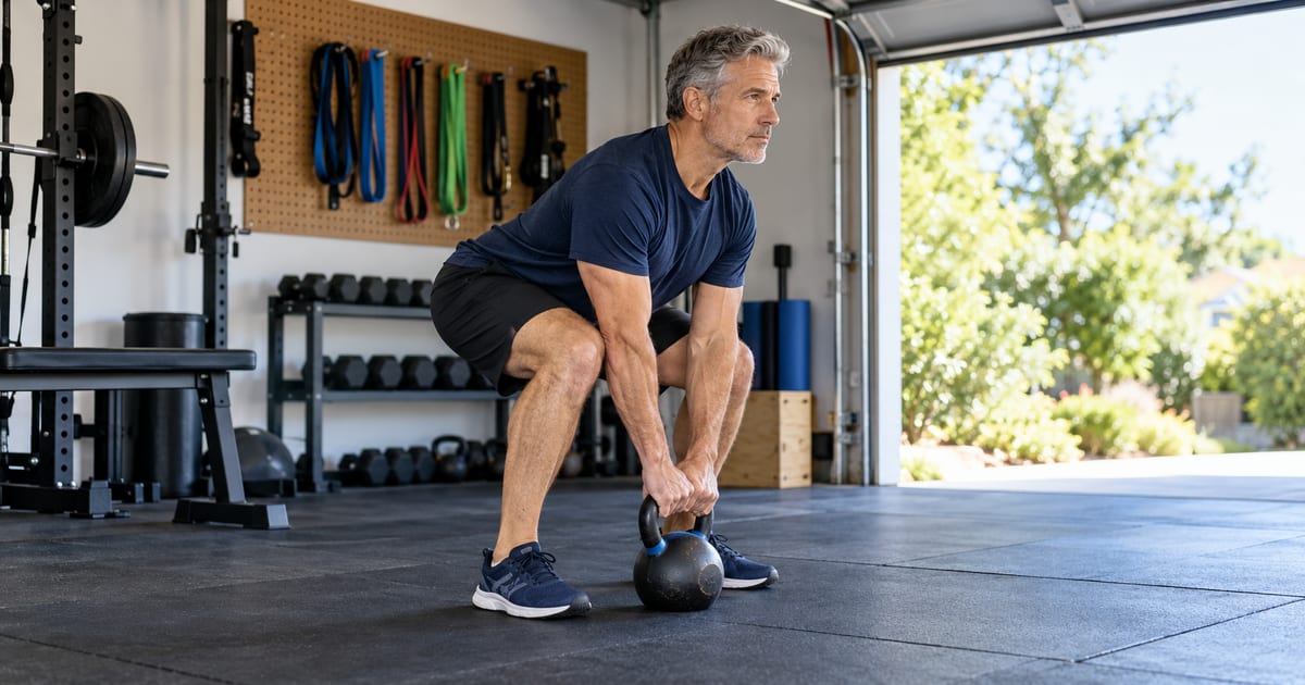 A man in his fifties lifting a kettlebell with steady form in a bright garage gym.