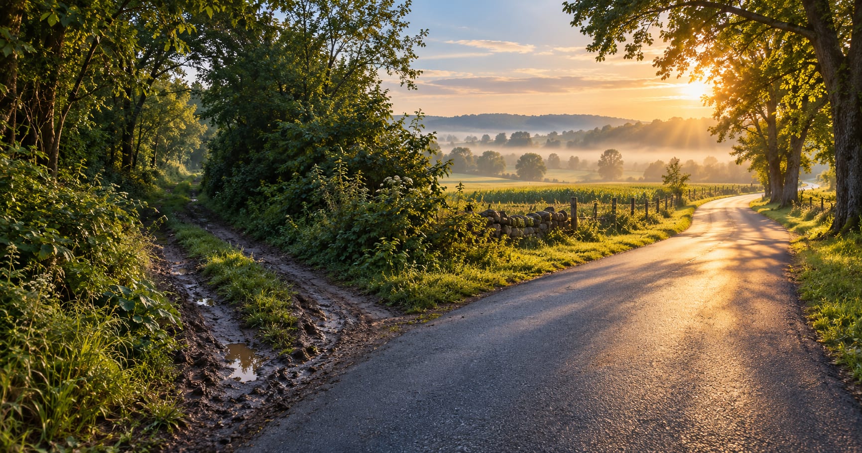 A fork in a quiet coastal road at sunrise, one path leading toward the ocean.