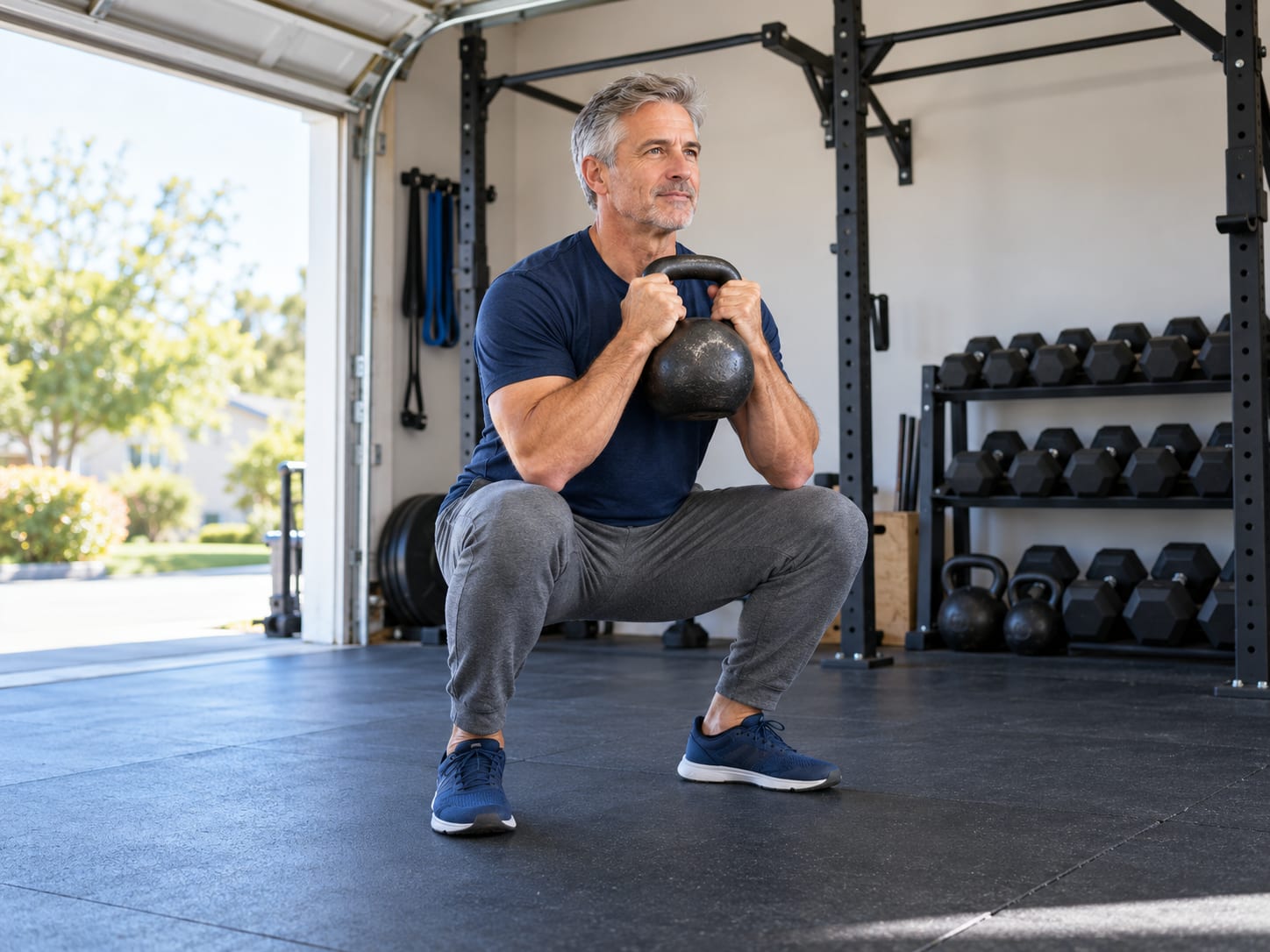 Man in his fifties doing a dumbbell row with good form in a home garage gym
