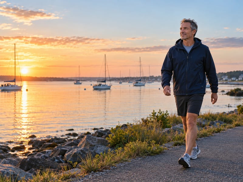 Man in his fifties on an early morning walk along a quiet coastal path
