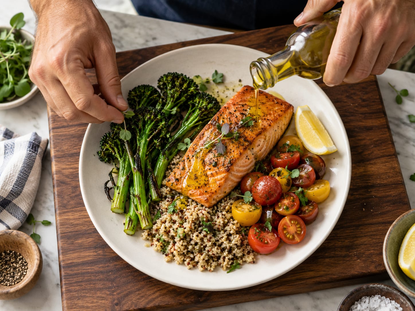 Hands plating grilled salmon with roasted vegetables and olive oil in a home kitchen