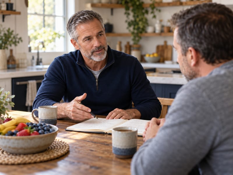 Two men in their fifties talking over coffee at a kitchen table during a coaching session