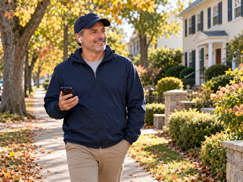 Man in his fifties talking on his phone while walking outdoors