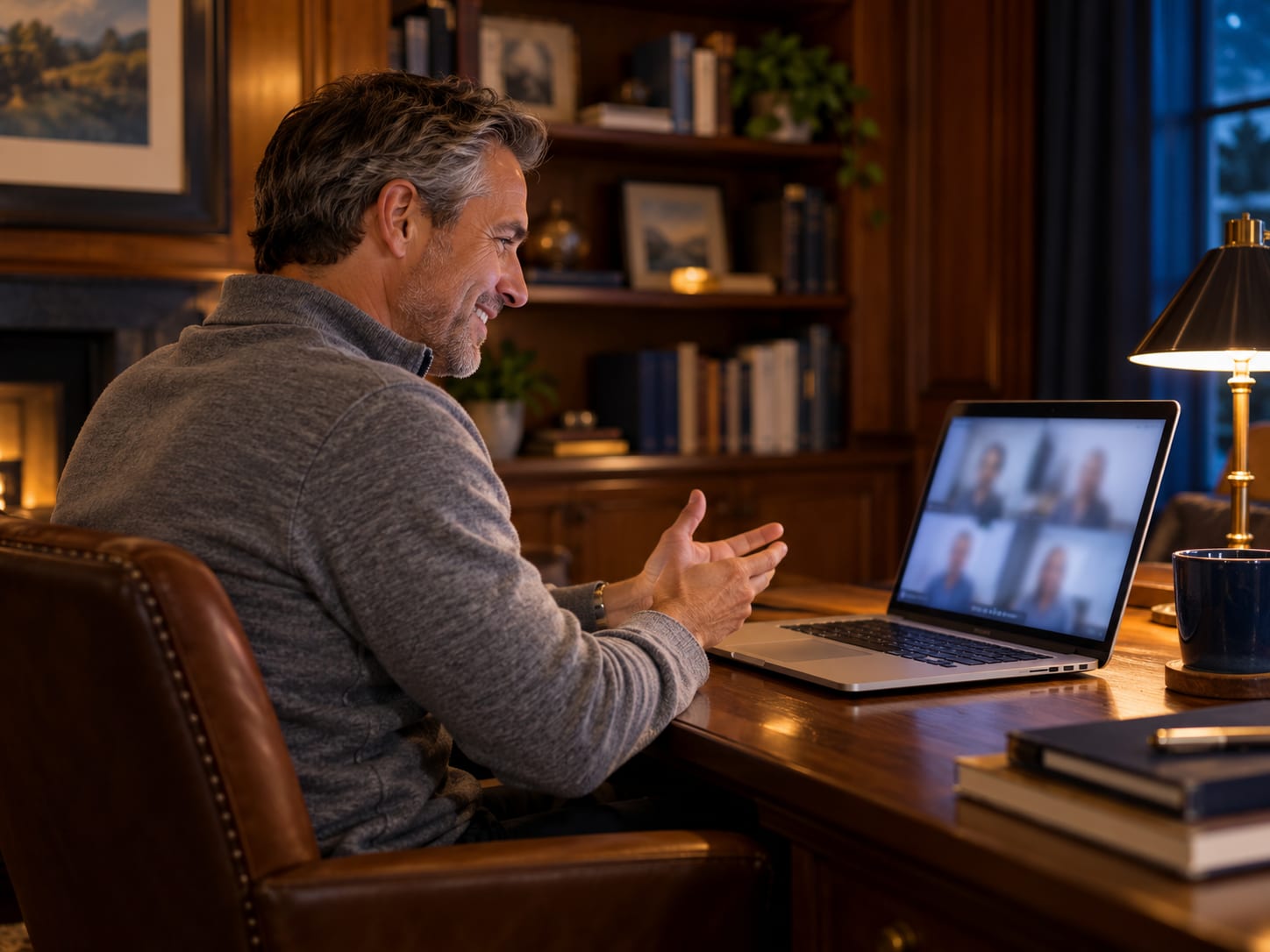 Man in his fifties on a video call on his laptop in a home den