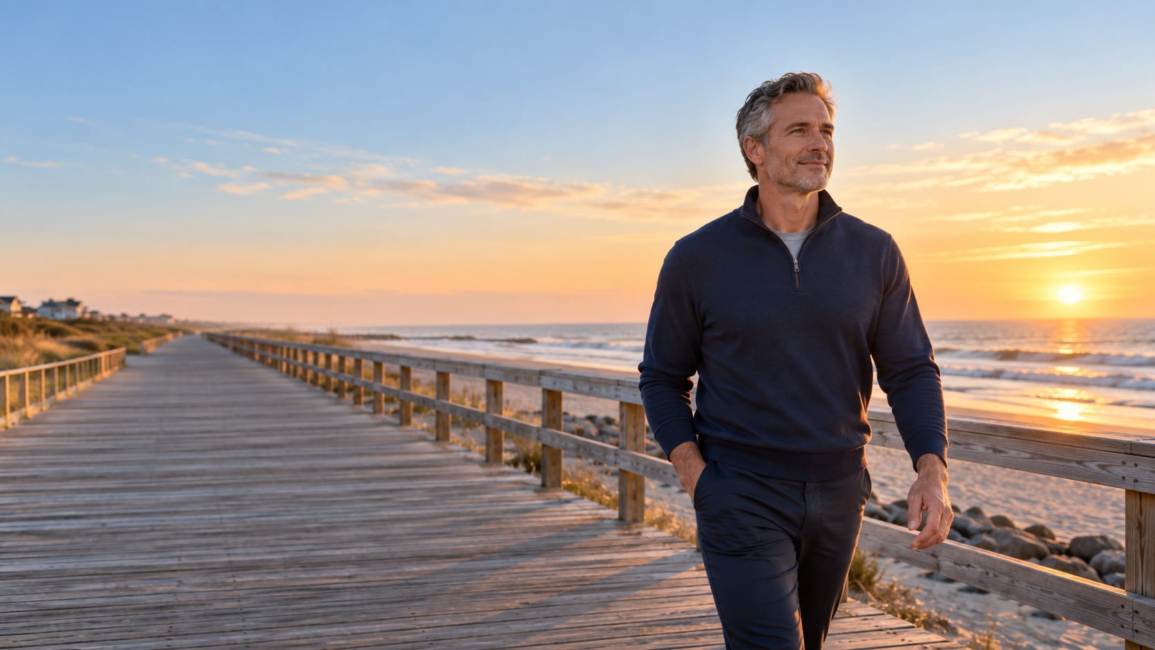 Man in his fifties walking a Jersey Shore boardwalk at sunrise in a navy quarter-zip