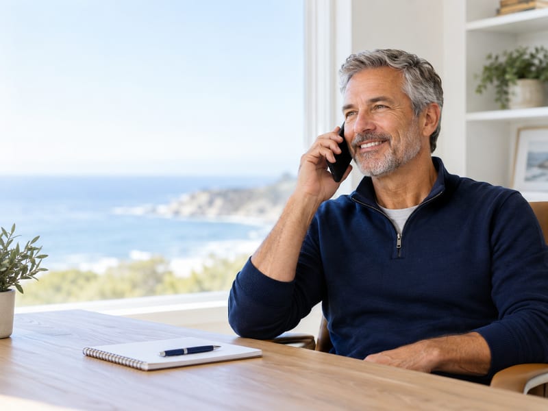 Ron Pepose smiling while talking on his phone in a bright home office