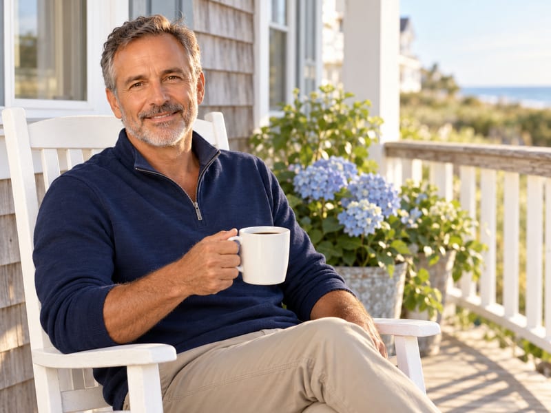 Ron Pepose, founder of Nutricore, smiling on a porch with a morning coffee