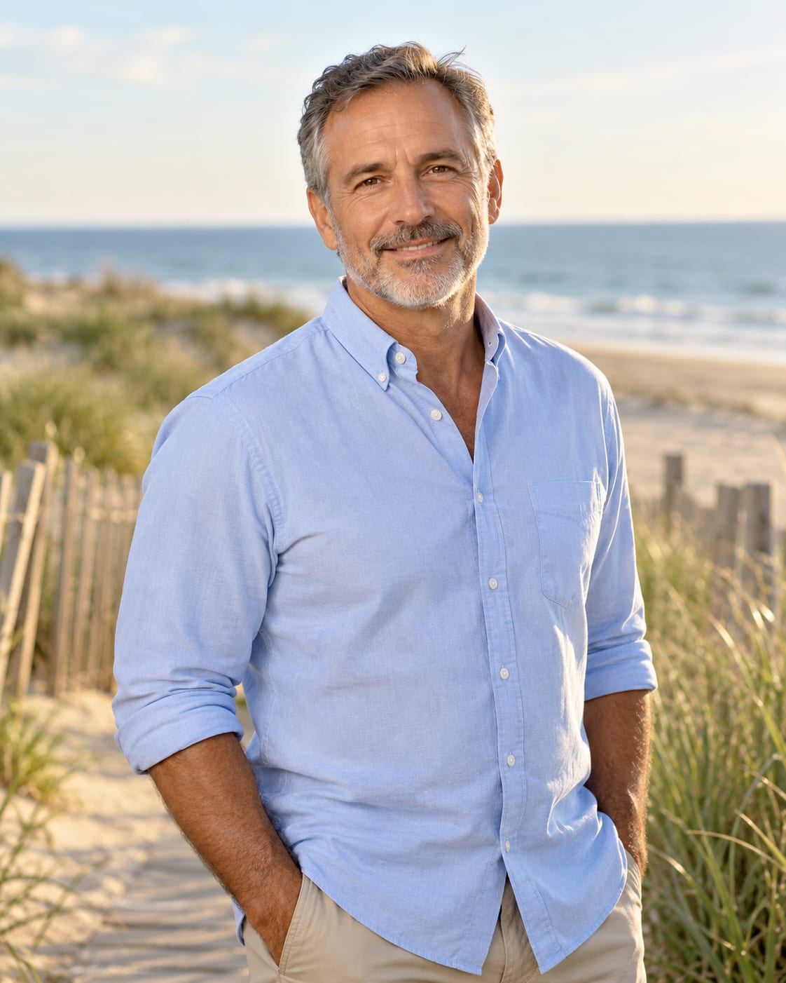 Portrait of Ron Pepose, Nutricore founder and longevity coach, standing near the water in soft morning light