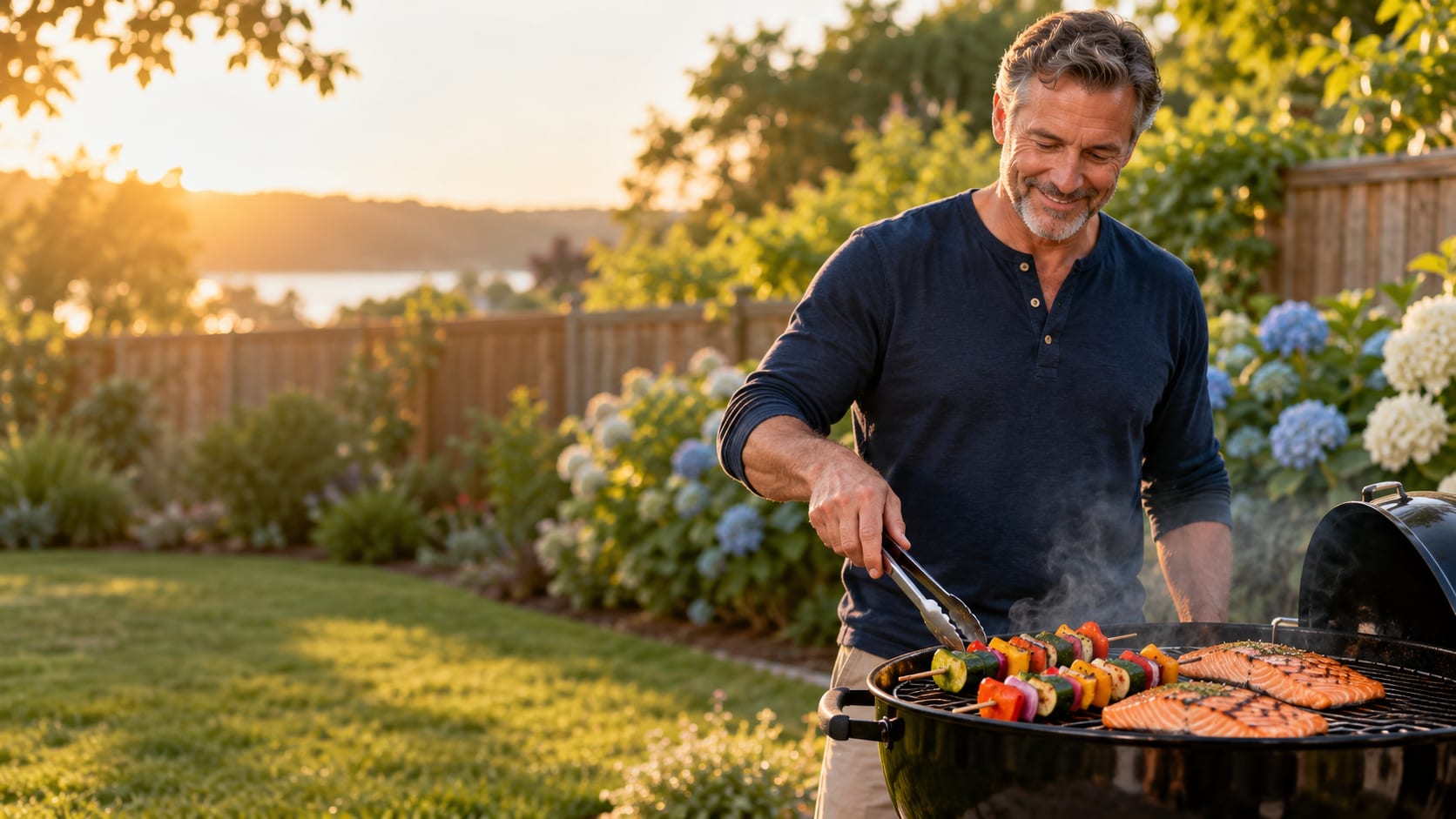 Man in his fifties grilling vegetables and salmon on a backyard grill on a summer evening